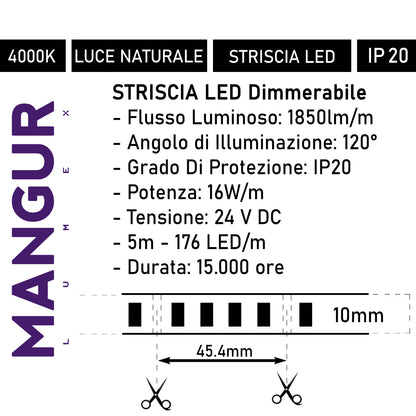 Striscia LED Dimmerabile, Luce Naturale 4000k, Flusso luminoso 1850 Lumen/mt - 176 LED/m 880 led, 80W