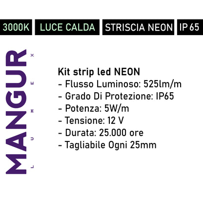 Kit Striscia Led NEON 3mt, Luce Calda 3000k, 15W, 1575lm, IP65