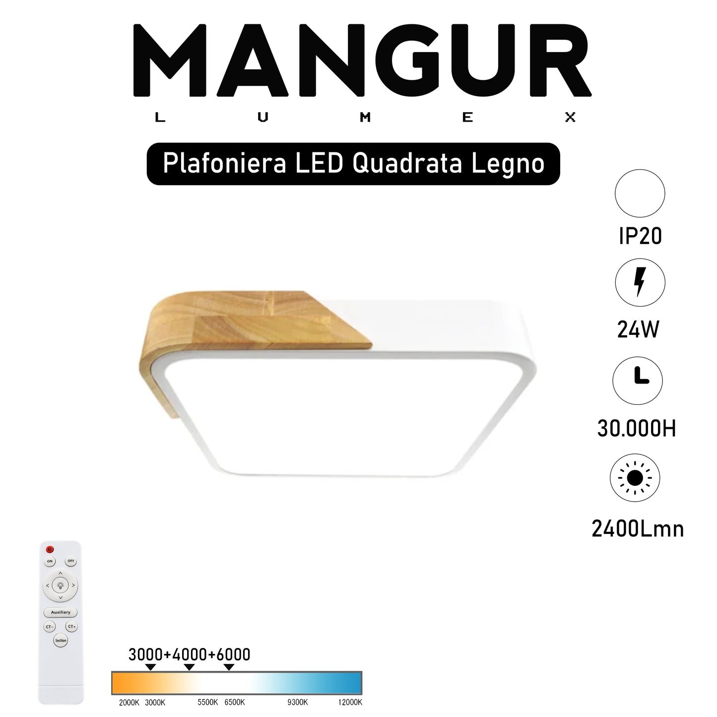 Plafoniera LED Quadrata Legno Naturale Dimmerabile CCT 24W 2400LM Ø30 Con Telecomando