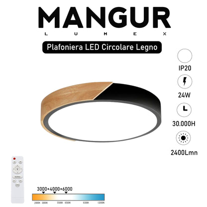 Plafoniera LED Circolare Legno Naturale Nero Dimmerabile CCT 24W 2400LM Ø30 Con Telecomando