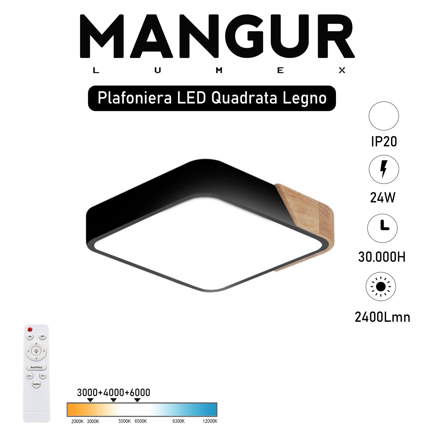 Plafoniera LED Quadrata Legno Naturale Nera Dimmerabile CCT 24W 2400LM Con Telecomando