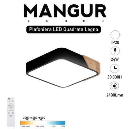 Plafoniera LED Quadrata Legno Naturale Nera Dimmerabile CCT 24W 2400LM Con Telecomando