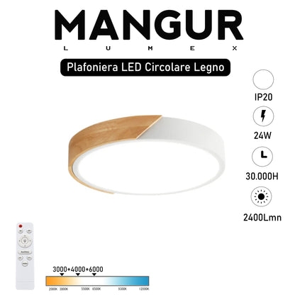 Plafoniera LED Circolare Legno Naturale Dimmerabile CCT 24W 2400LM Ø30 Con Telecomando