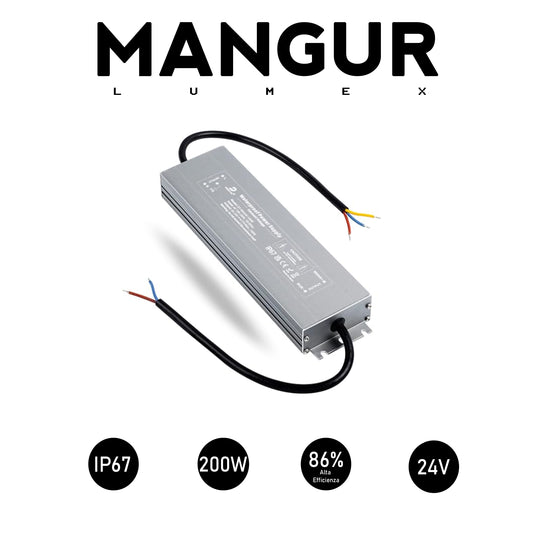 Alimentatore LED 24V 200W 8.3A, IP67 Impermeabile per Esterni, Adattatore LED a Tensione Costante per Strisce LED.