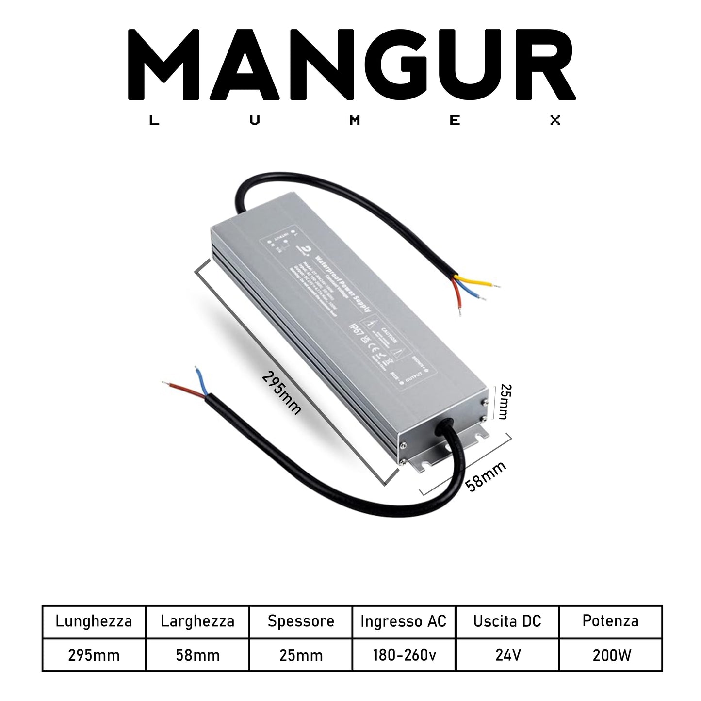 Alimentatore LED 24V 200W 8.3A, IP67 Impermeabile per Esterni, Adattatore LED a Tensione Costante per Strisce LED.
