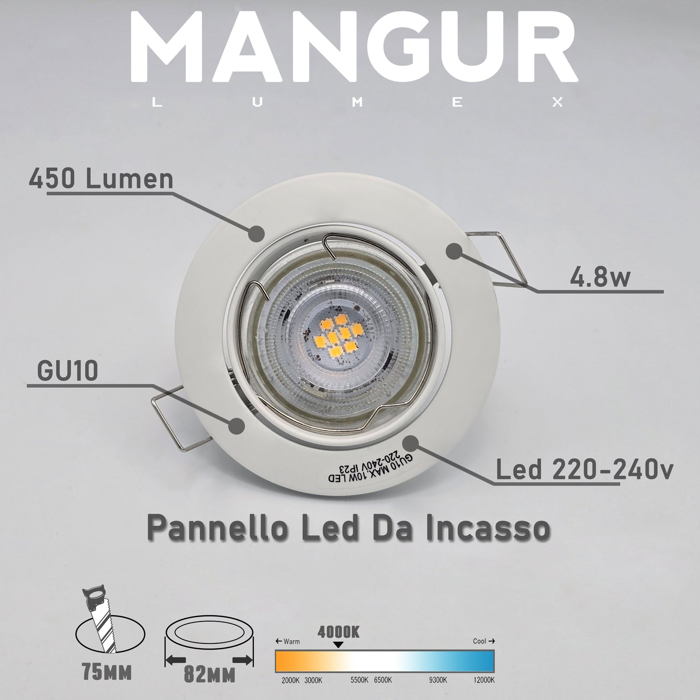 10 Faretti LED da Incasso Rotondi GU10 Luce Naturale 4000k 4.8W 450 Lumen