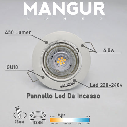 10 Faretti LED da Incasso Rotondi GU10 Luce Naturale 4000k 4.8W 450 Lumen