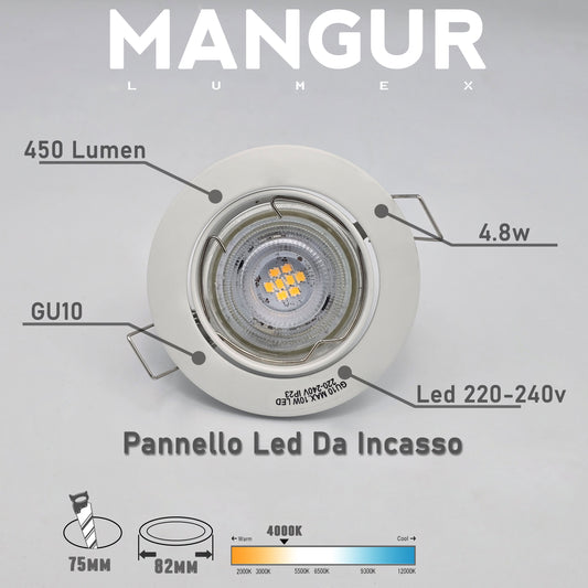 10 Faretti LED da Incasso Rotondi GU10 Luce Naturale 4000k 4.8W 450 Lumen