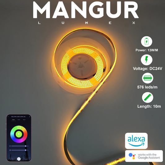 Striscia LED RGB COB 10M, 576 LED/M, 24V Smart, Dimmerabile e Compatibile con Alexa