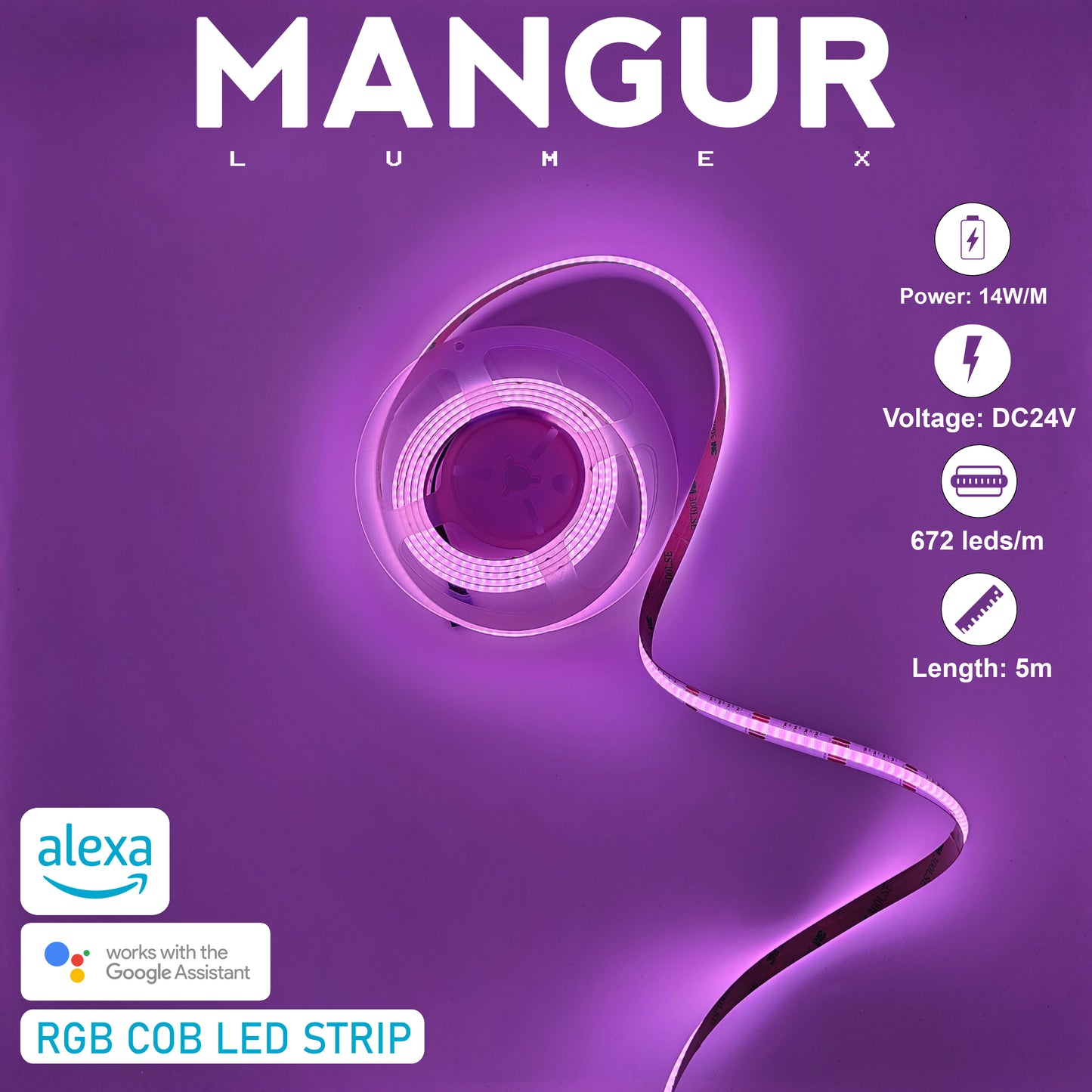 Striscia LED RGB COB 5M, 672 LED/M, 24V Smart, Dimmerabile e Compatibile con Alexa