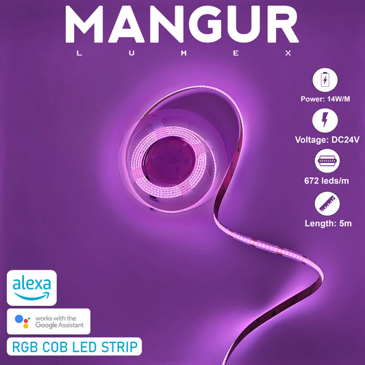 Striscia LED RGB COB 5M, 672 LED/M, 24V Smart, Dimmerabile e Compatibile con Alexa