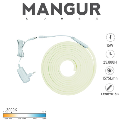 Kit Striscia Led NEON 3mt, Luce Calda 3000k, 15W, 1575lm, IP65