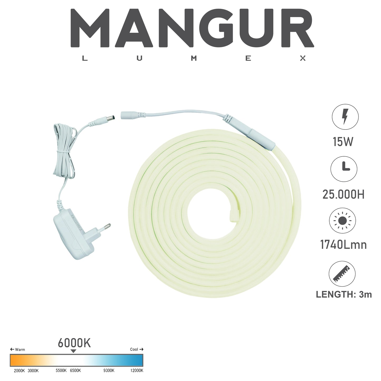 Kit Striscia Led NEON 3mt, Luce Fredda 6000k, 15W, 1740lm, IP65