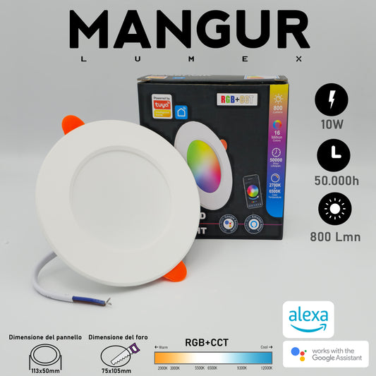 Faretti LED da Incasso Smart, RGB, CCT, 10W 800 Lumen, Funziona con Alexa e Google Assistant.