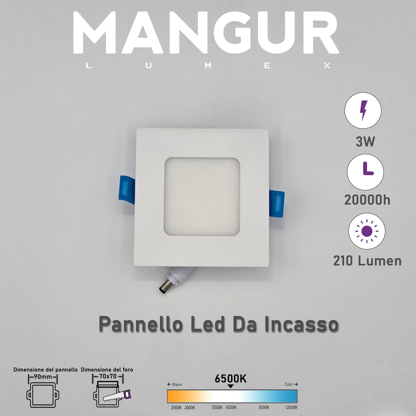 Faretto LED da Incasso Quadrato Luce Fredda 6500K 3W 210 Lumen IP20