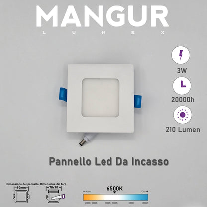 Faretto LED da Incasso Quadrato Luce Fredda 6500K 3W 210 Lumen IP20