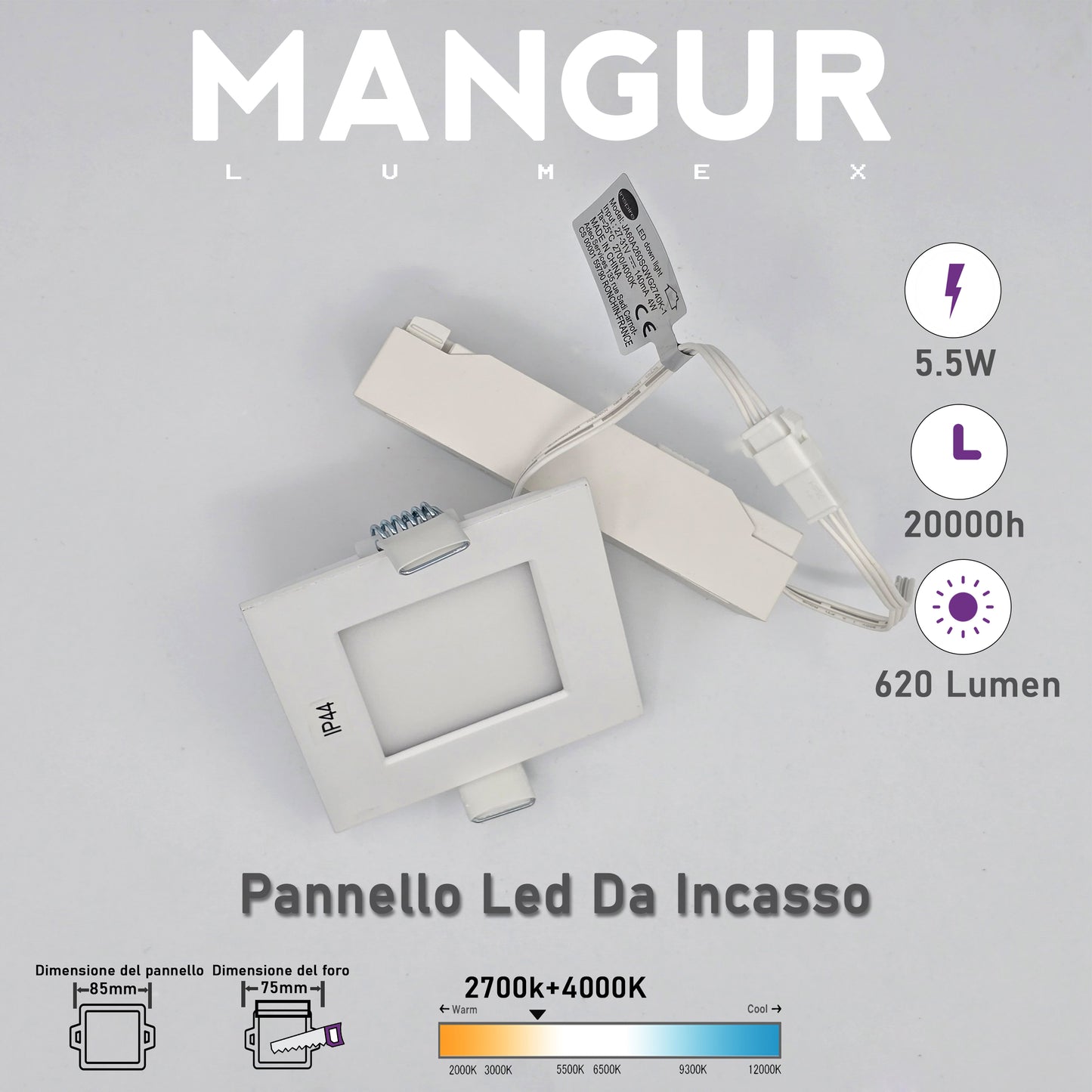 Faretto LED da Incasso Quadrato CCT 5.5W 620 Lumen IP44